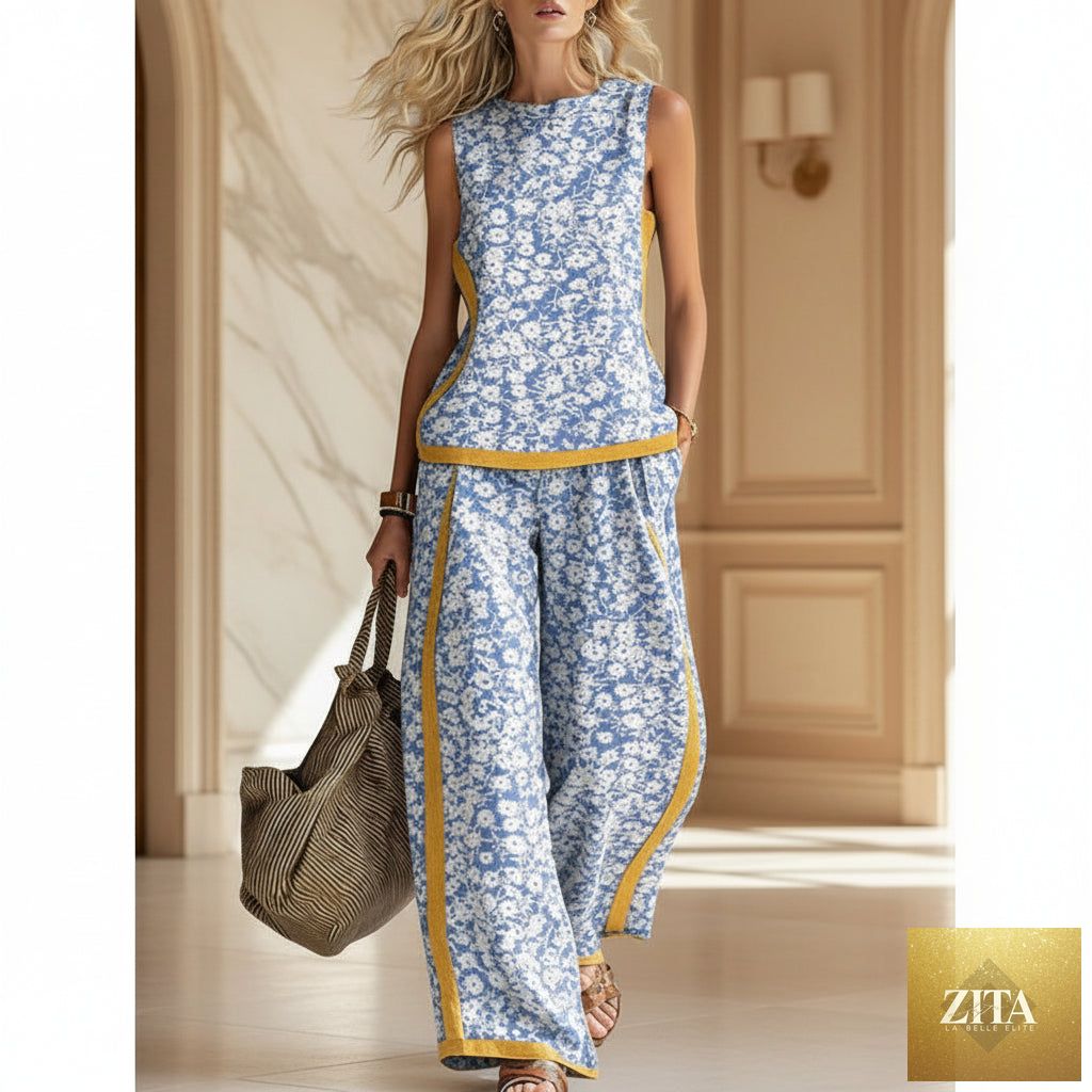 Printed retro sleeveless top and wide-leg pants set by MERIDGE, featuring vibrant 12 prints in size S to 5XL.
