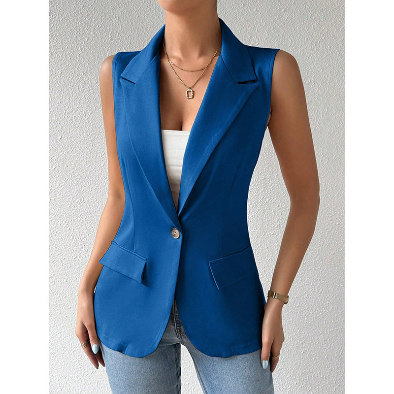 Women's sleeveless blazer vest by FitiqueFit, casual open-front work office top, stylish and versatile casualwear jacket.