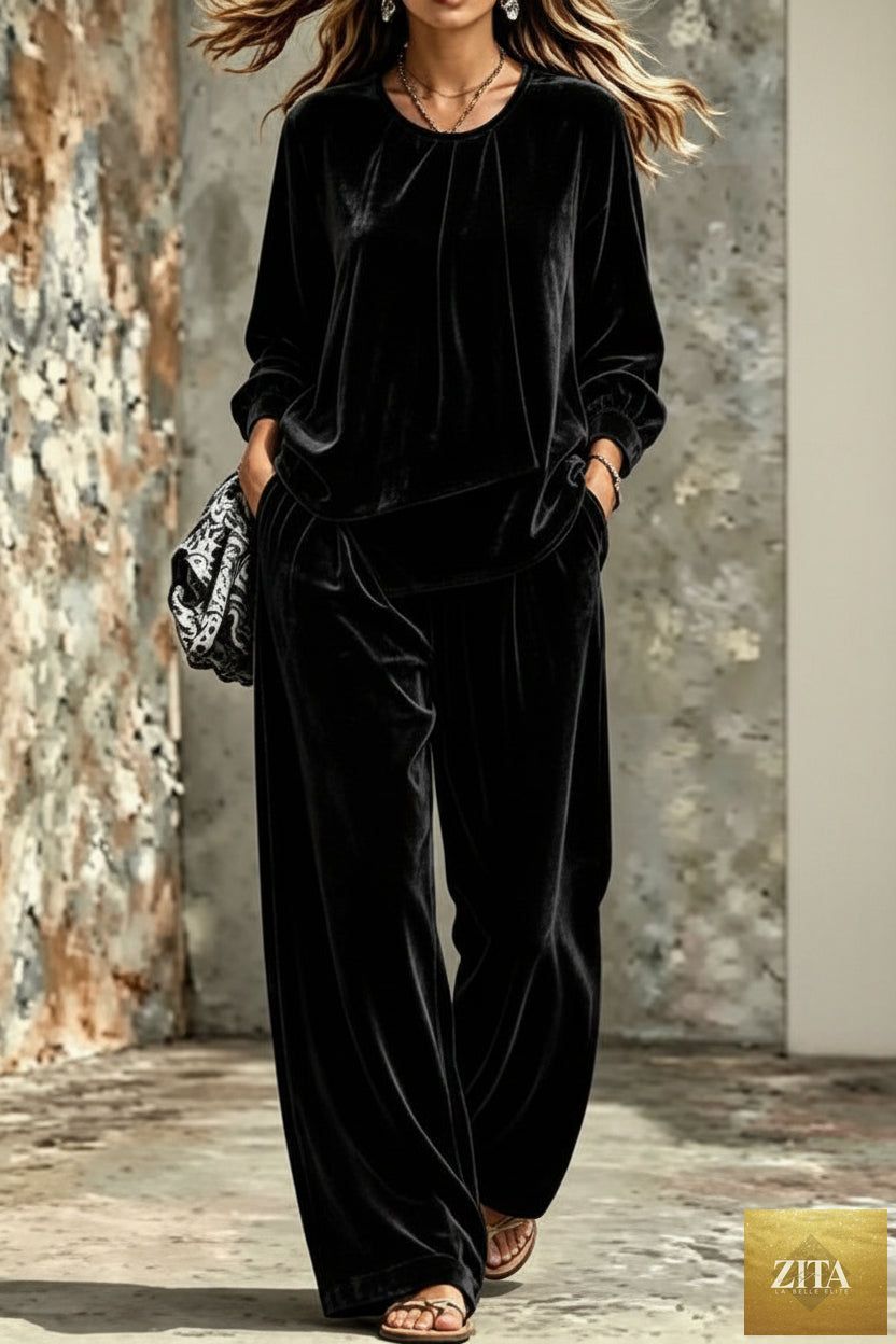 Women's Velvet Center-Pleat Relaxed Top & Wide-Leg Pants Set