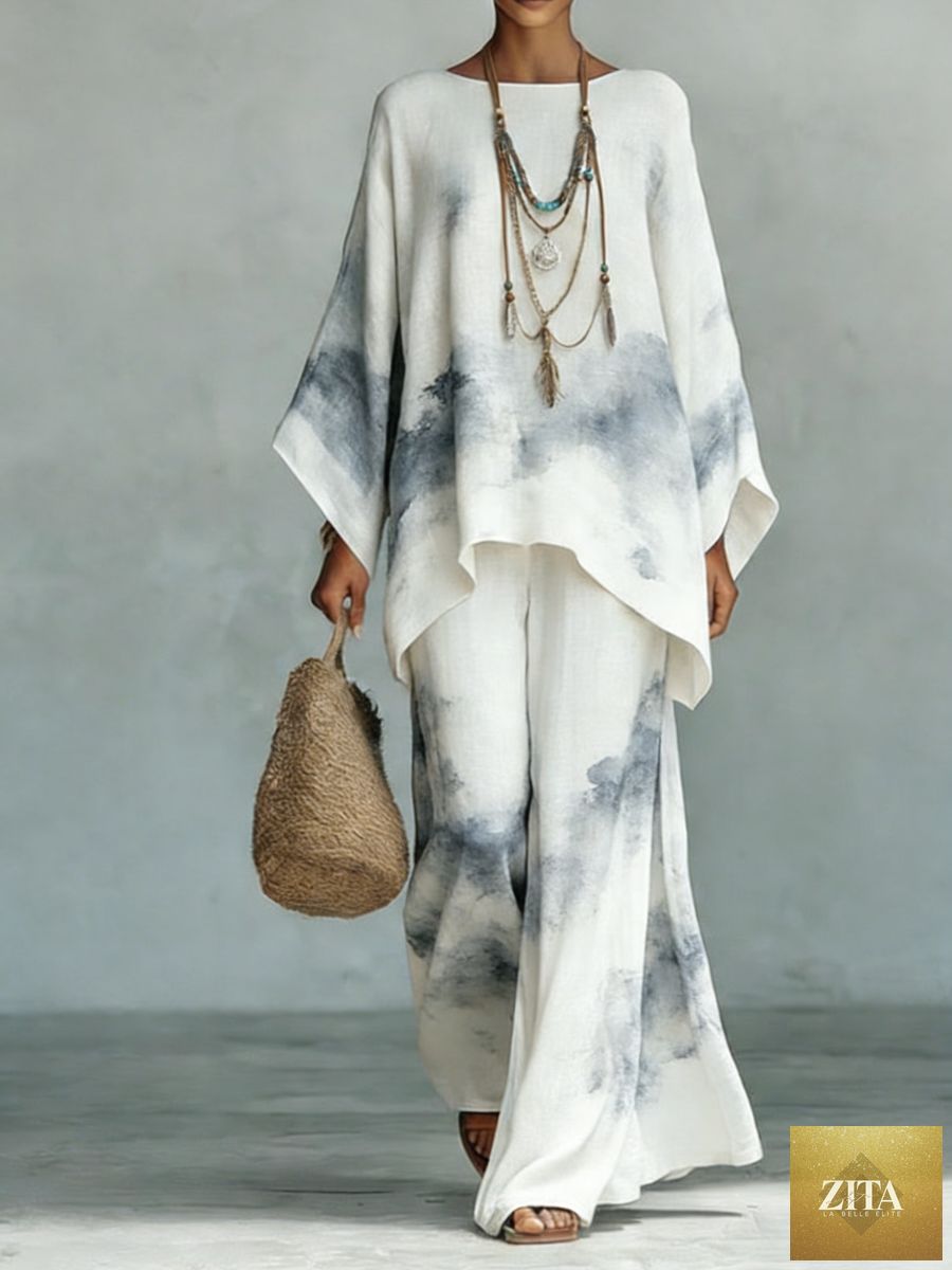 MERIDGE floral print bamboo linen two-piece set with wide-leg pants, showing the matching top and flowing pant design.
