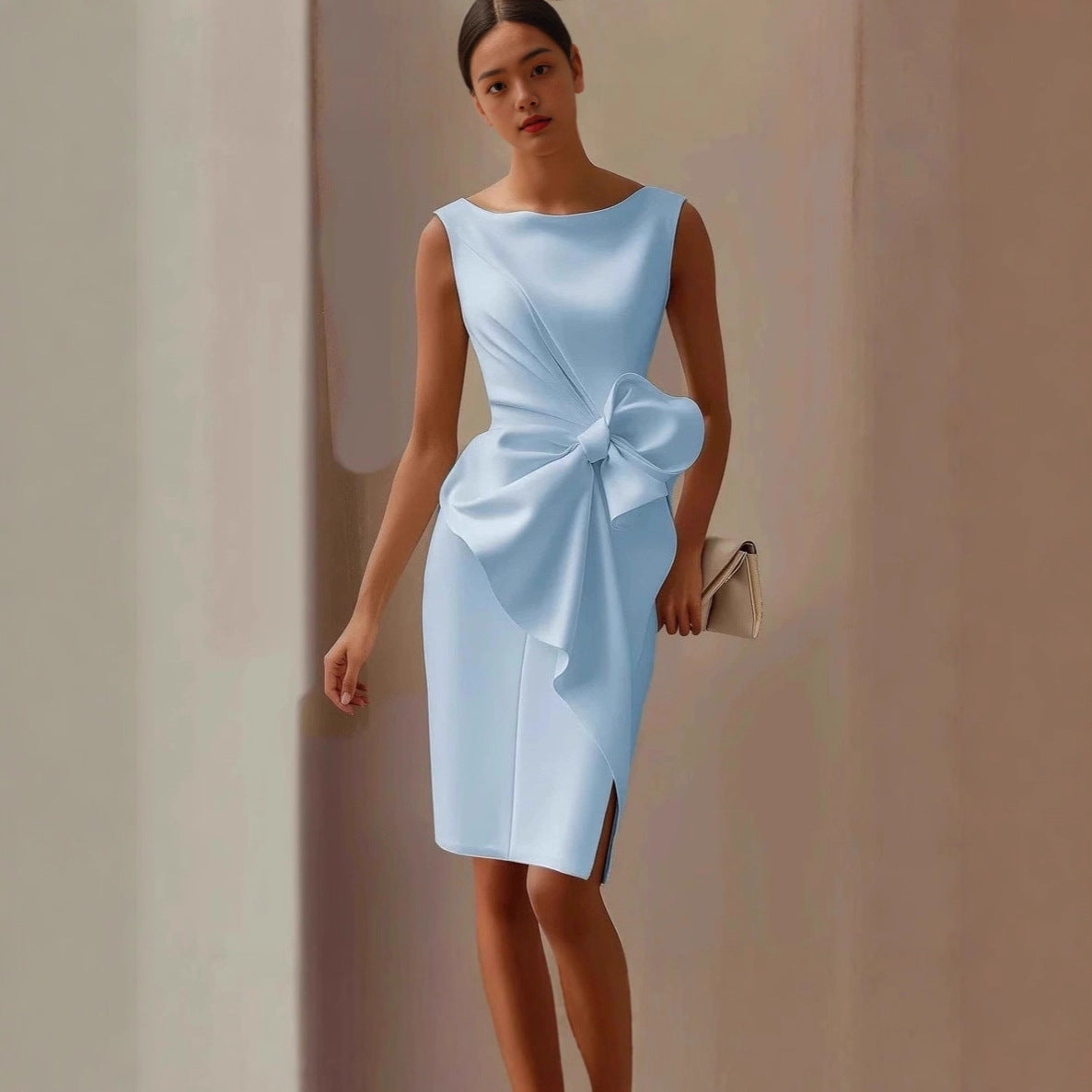 Women's bow-knot sleeveless midi dress by FitiqueFit, high waist A-line casualwear with elegant bow detail and sleeveless design.