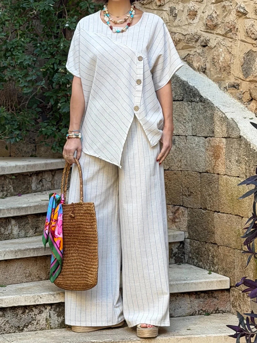 Casual FitiqueFit striped shirt and loose pants set with three-quarter sleeves, perfect for relaxed everyday wear.
