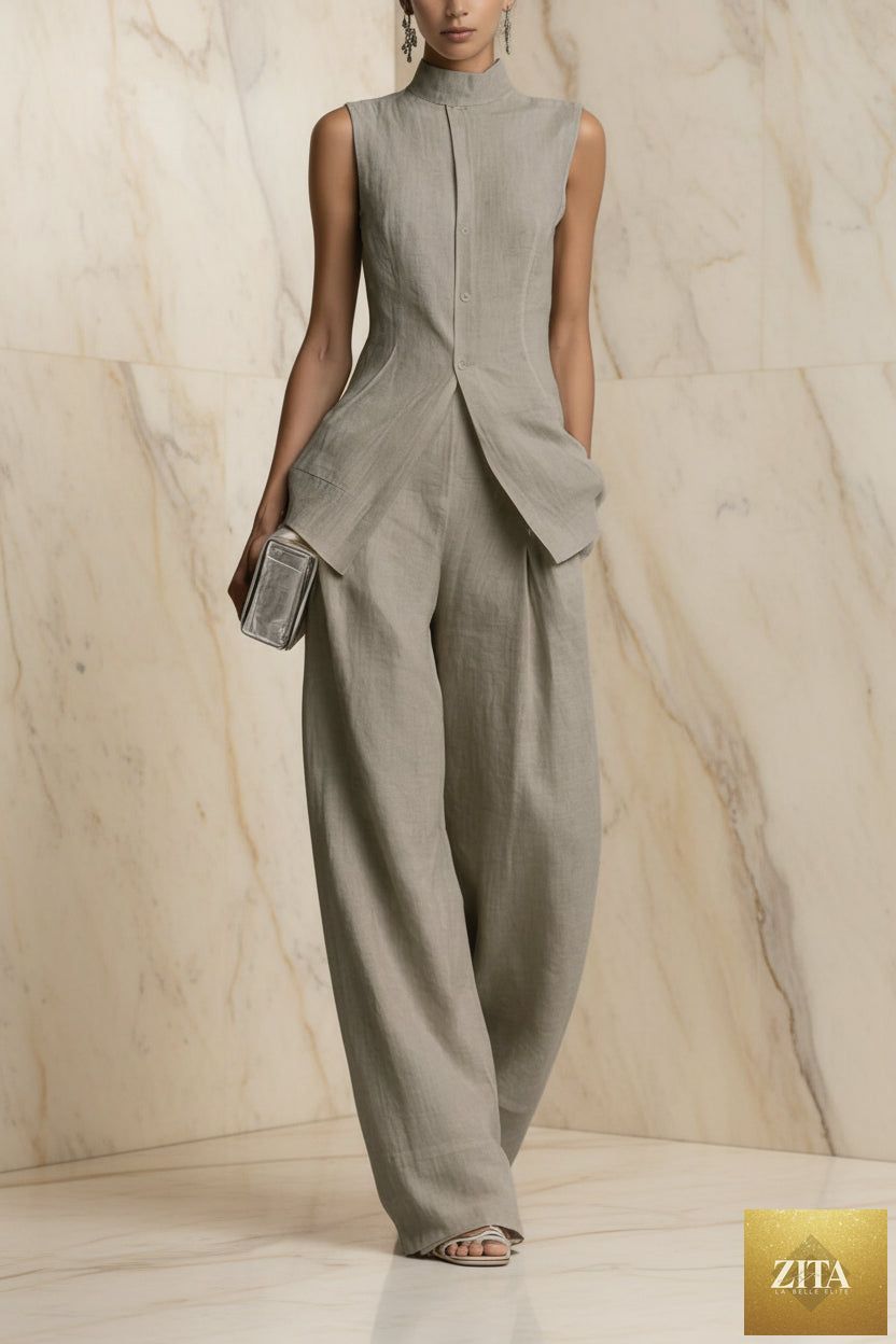 Women's MERIDGE two-piece set featuring a stand collar longline vest top and wide-leg trousers, stylish and comfortable ensemble.