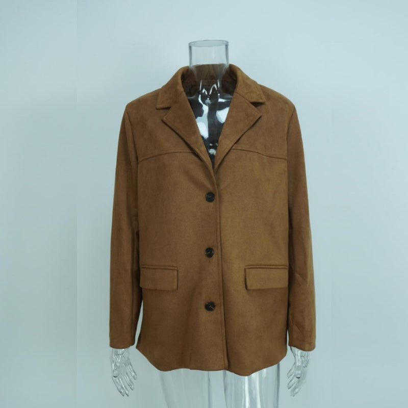 Plus size women's solid color blazer jacket by FitiqueFit, tailored fit with lapels and long sleeves, ideal for professional or casual wear.