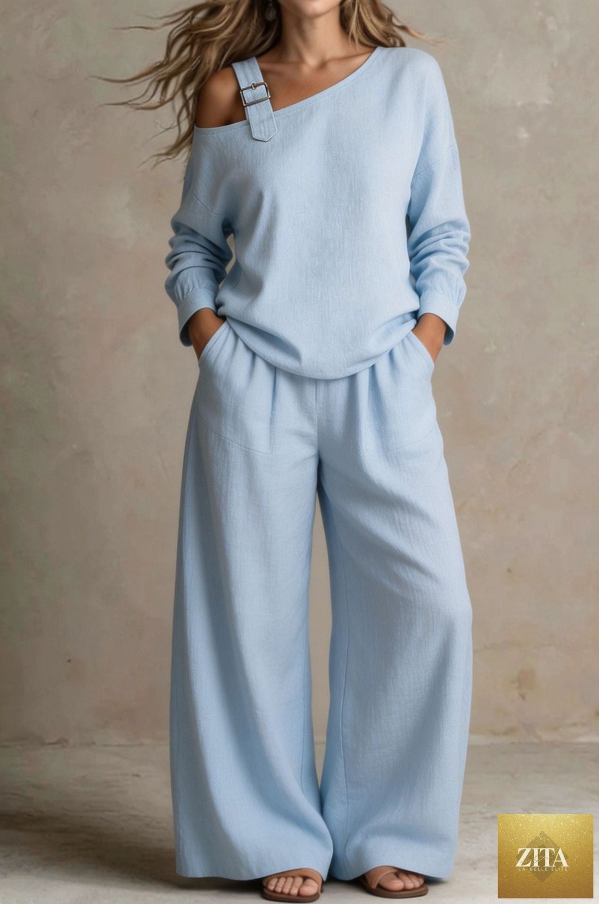 Women's One-Shoulder Buckle-Strap Long-Sleeve Linen Blend Top & Wide-Leg Palazzo Trouser Set