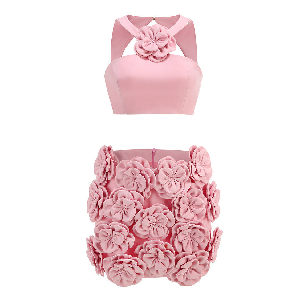Fashion Suit Top Halter Decorative Flower Skirt See size chart under “more details”