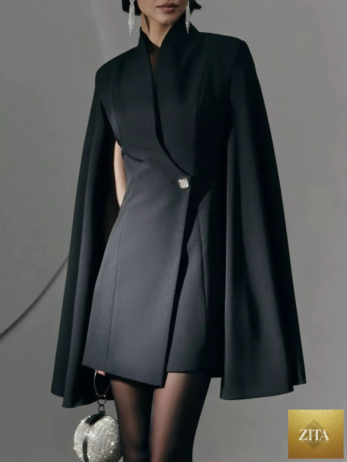 Shopiebay fitted mini blazer dress with one button closure and cape sleeves, stylish and tailored for a chic look.