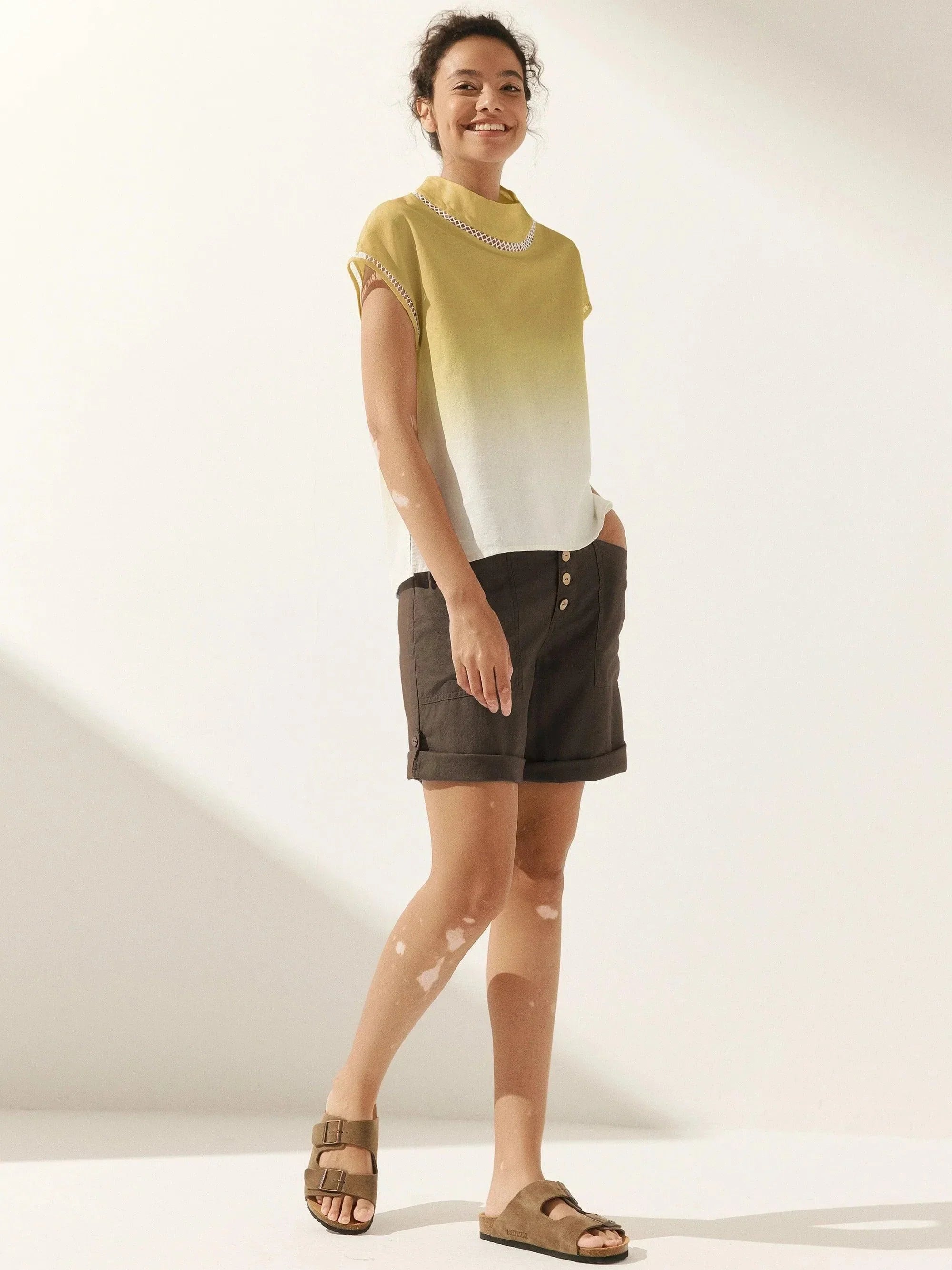 100% Linen Gingham Checked Cutout Turtleneck Top CAROL