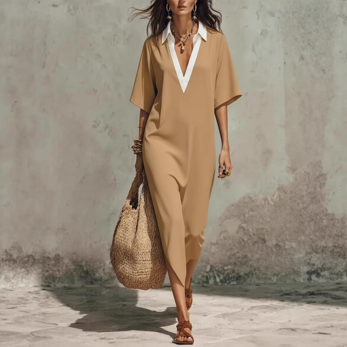 Women's linen midi dress with V-neck, cropped sleeves, and pockets, casualwear by FitiqueFit, shown in a light-colored fabric.