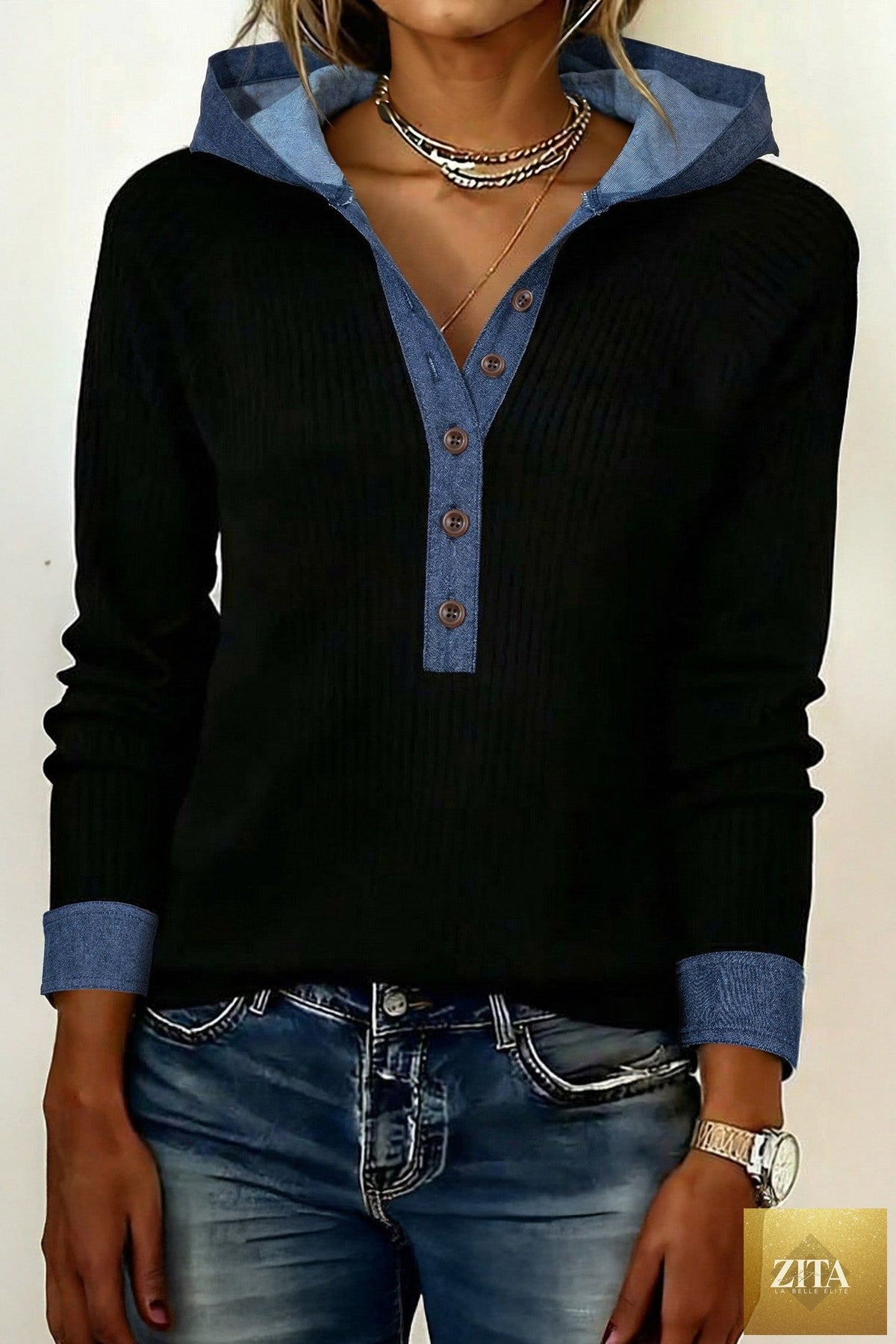 Black Ribbed Knit Contrast Denim Patchwork Hooded Long Sleeve Top