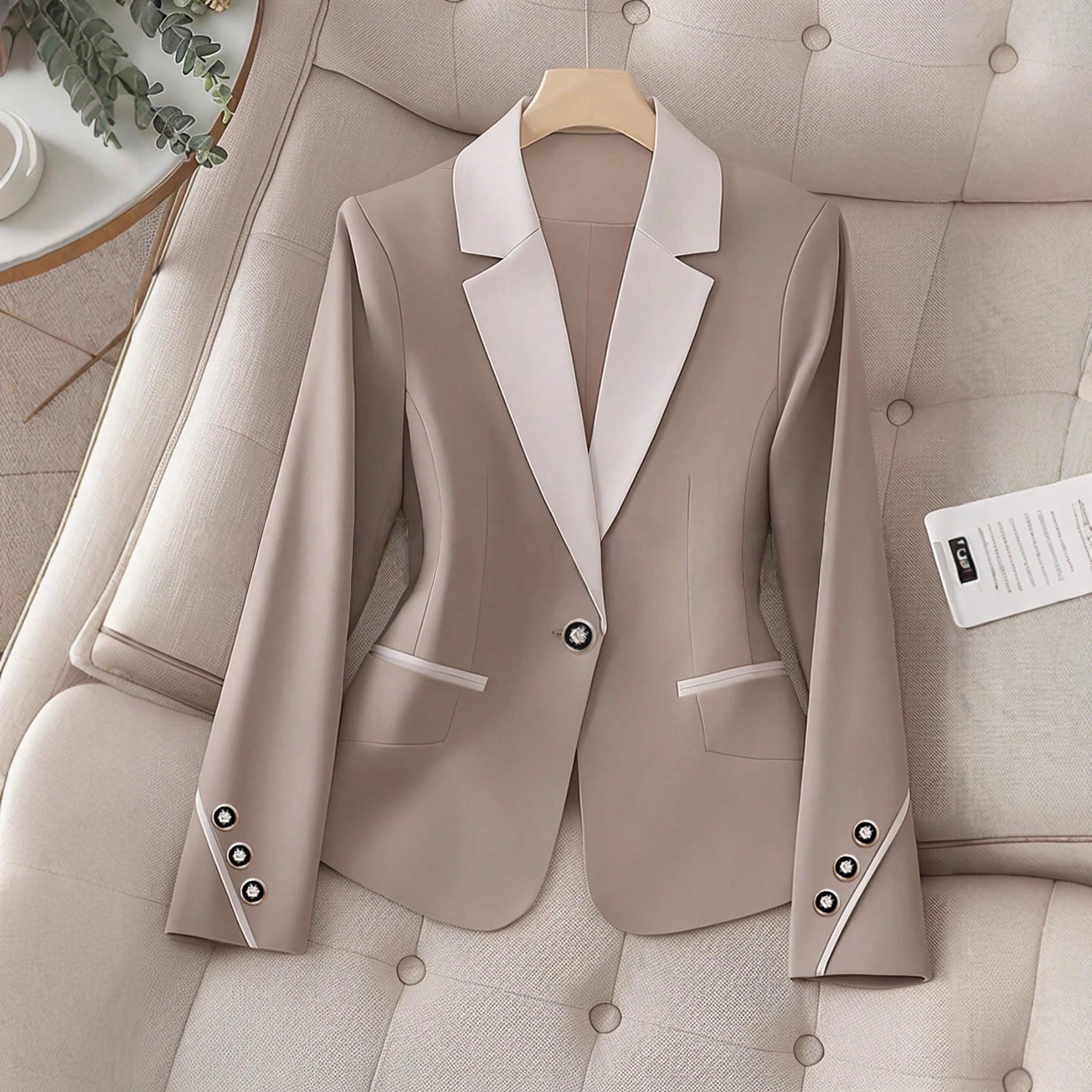 Women’s contrasting color blazer by FitiqueFit, elegant button formal jacket with tailored fit and stylish design.