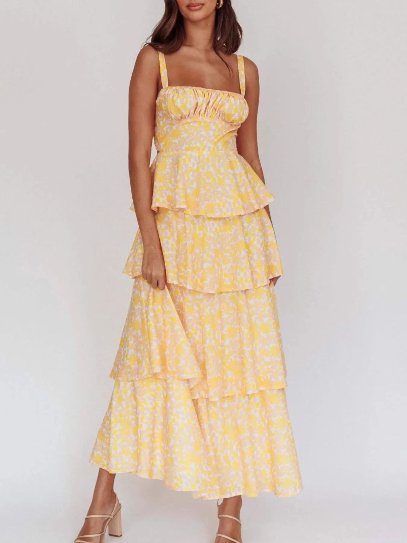 Floral layered ruffle maxi dress from Shopiebay featuring a flowy silhouette and vibrant floral print.