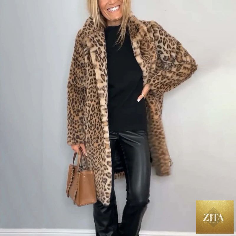 Leopard print plush jacket by FitiqueFit, cozy loose-fit mid-length outwear with a soft, plush interior and stylish leopard pattern.