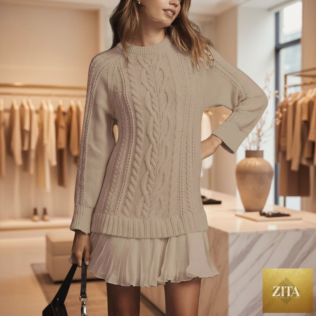 Oversized cable knit sweater by FitiqueFit with round neck, cozy pullover in soft, chunky yarn, perfect for casual wear.