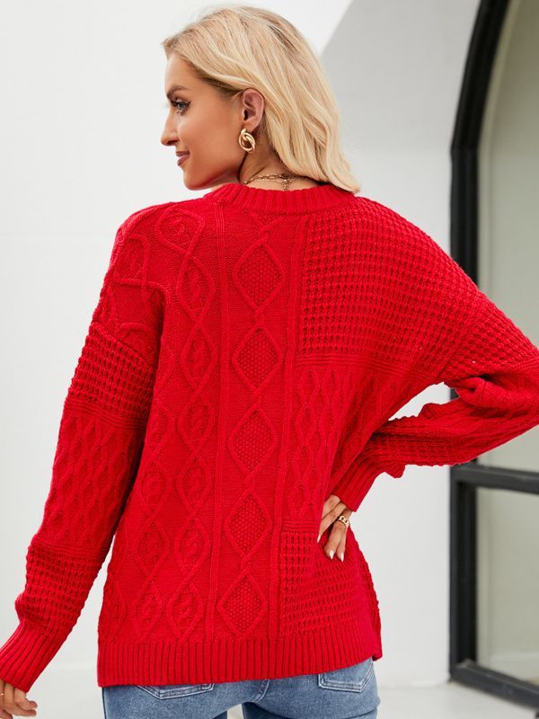 Casual Round-neck Pullover Sweater Fall Winter Solid Color Cable-knot Crimson Medea
