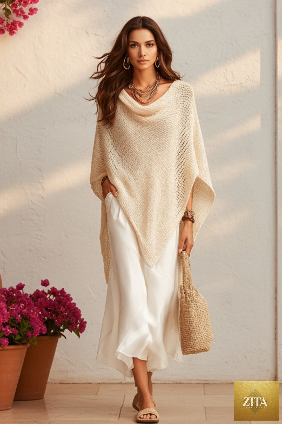Women's Open-Knit Asymmetric Cape & Ruched V-Neck Fluid Maxi Dress Set