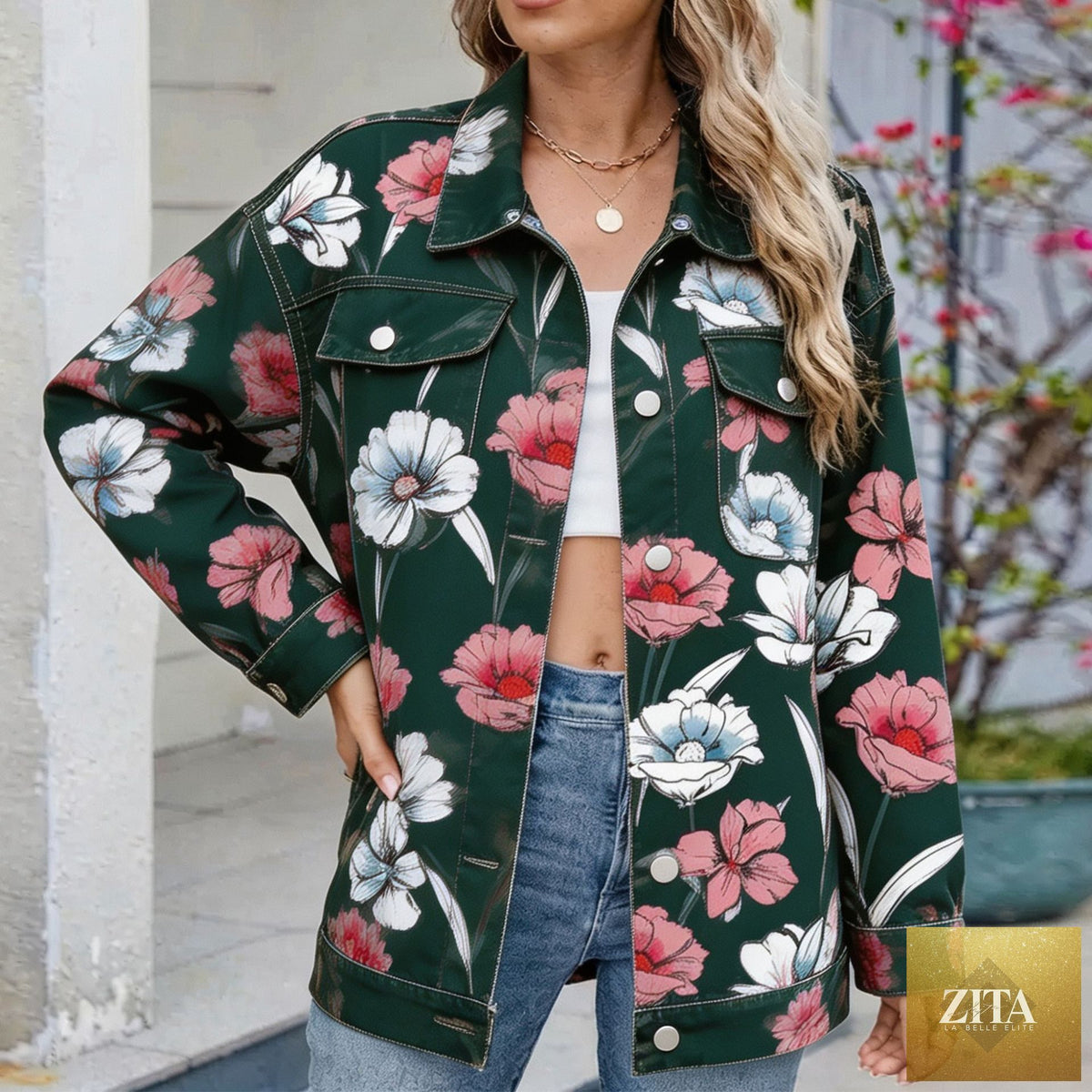 Women's Botanical Print Drop-Shoulder Denim Jacket