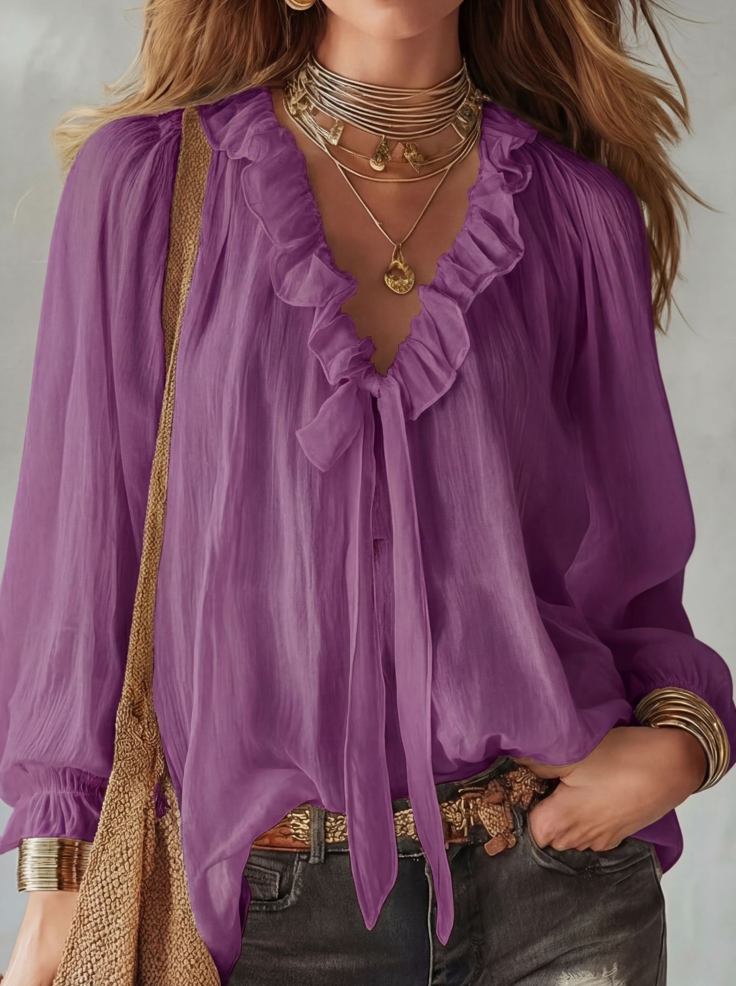 FitiqueFit V-neck loose-fit casual shirt top in no-iron fabric, shown in a relaxed fit with 8 color options.