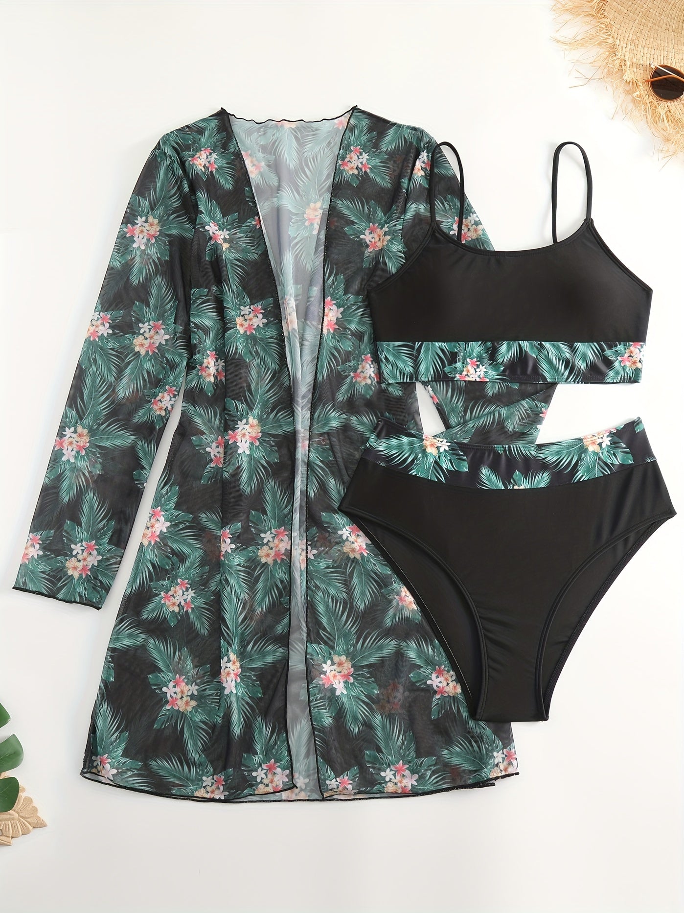 Stevvex tropical print 3-piece bikini set with high stretch fabric, crew neck mesh cover-up, perfect for summer beach and poolside wear.