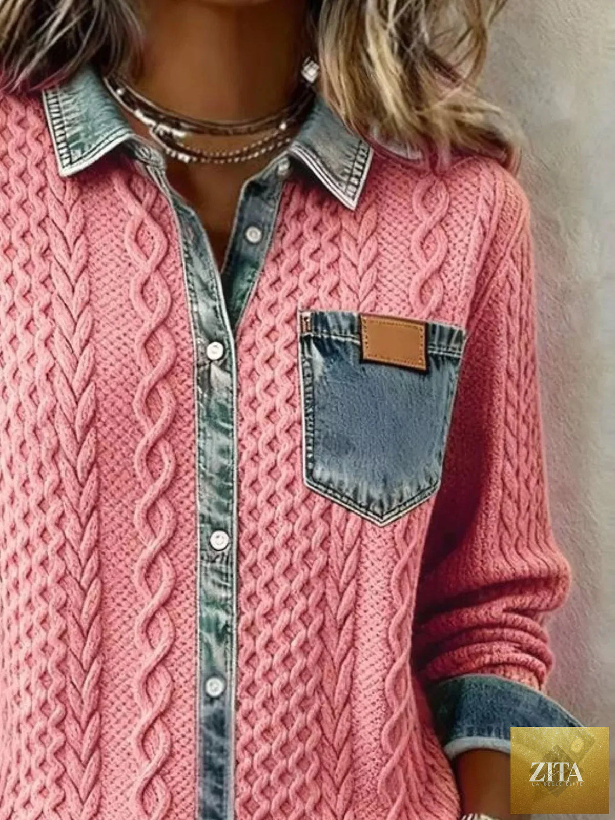 Denim Trim Cable Knit Cardigan