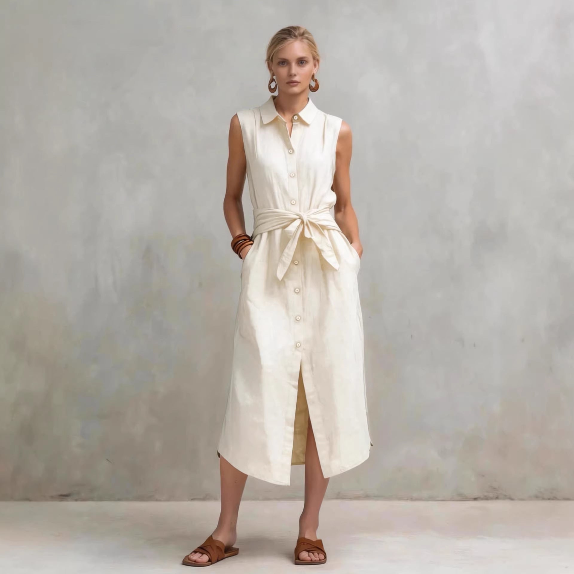 Women's Cotton-Linen Bag-Style Sleeveless Dress – Straight Cut