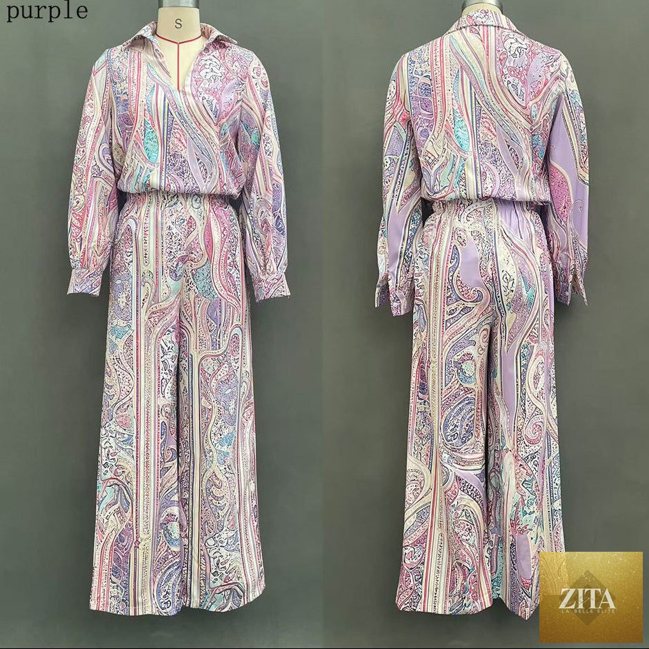 Women's Paisley Print Deep V Fringe Blouse & Wide-Leg Palazzo Pants Set