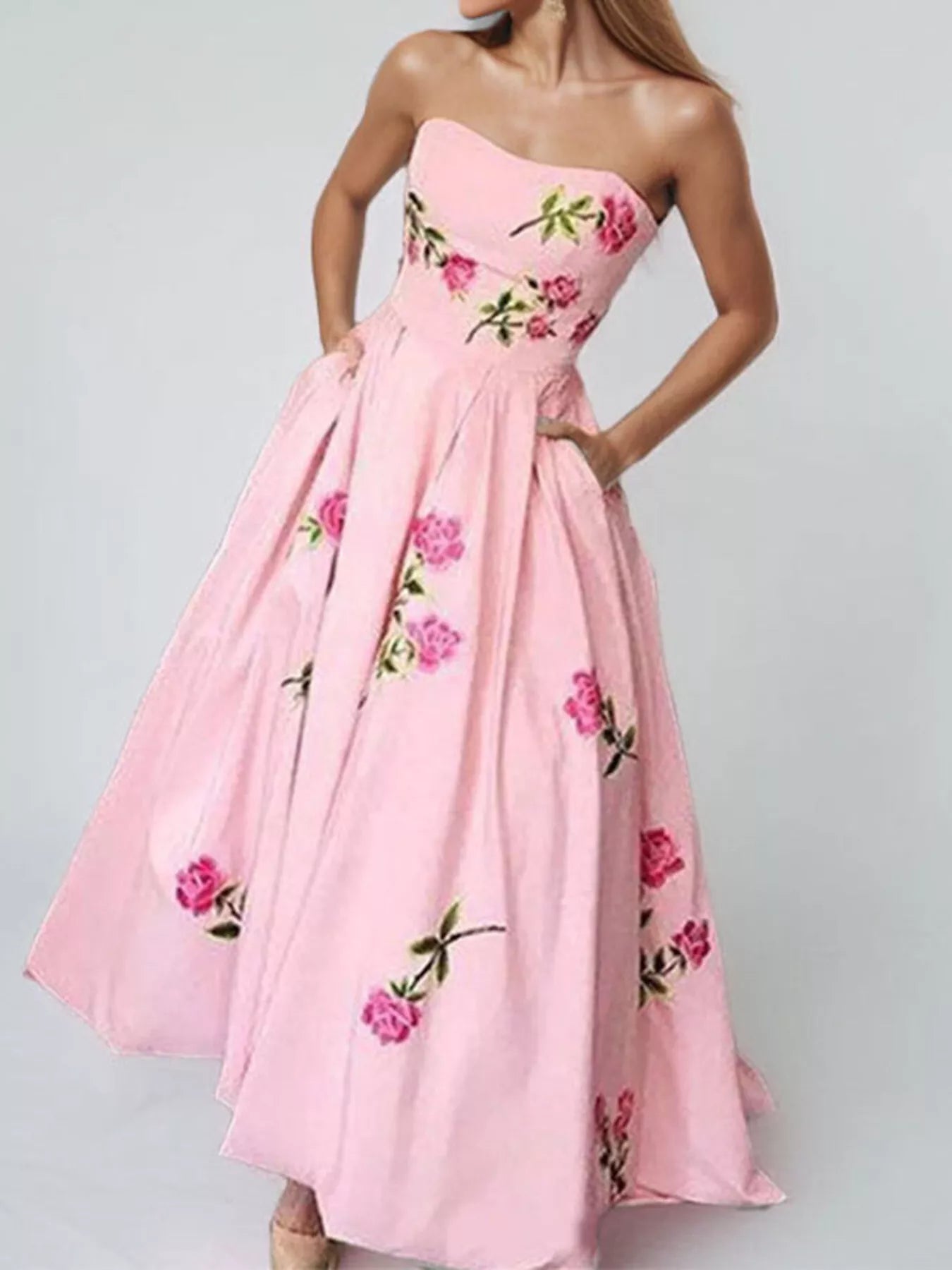 Floral print tube maxi dress from Shopiebay featuring a fitted bodice and flowing skirt, ideal for summer or casual occasions.