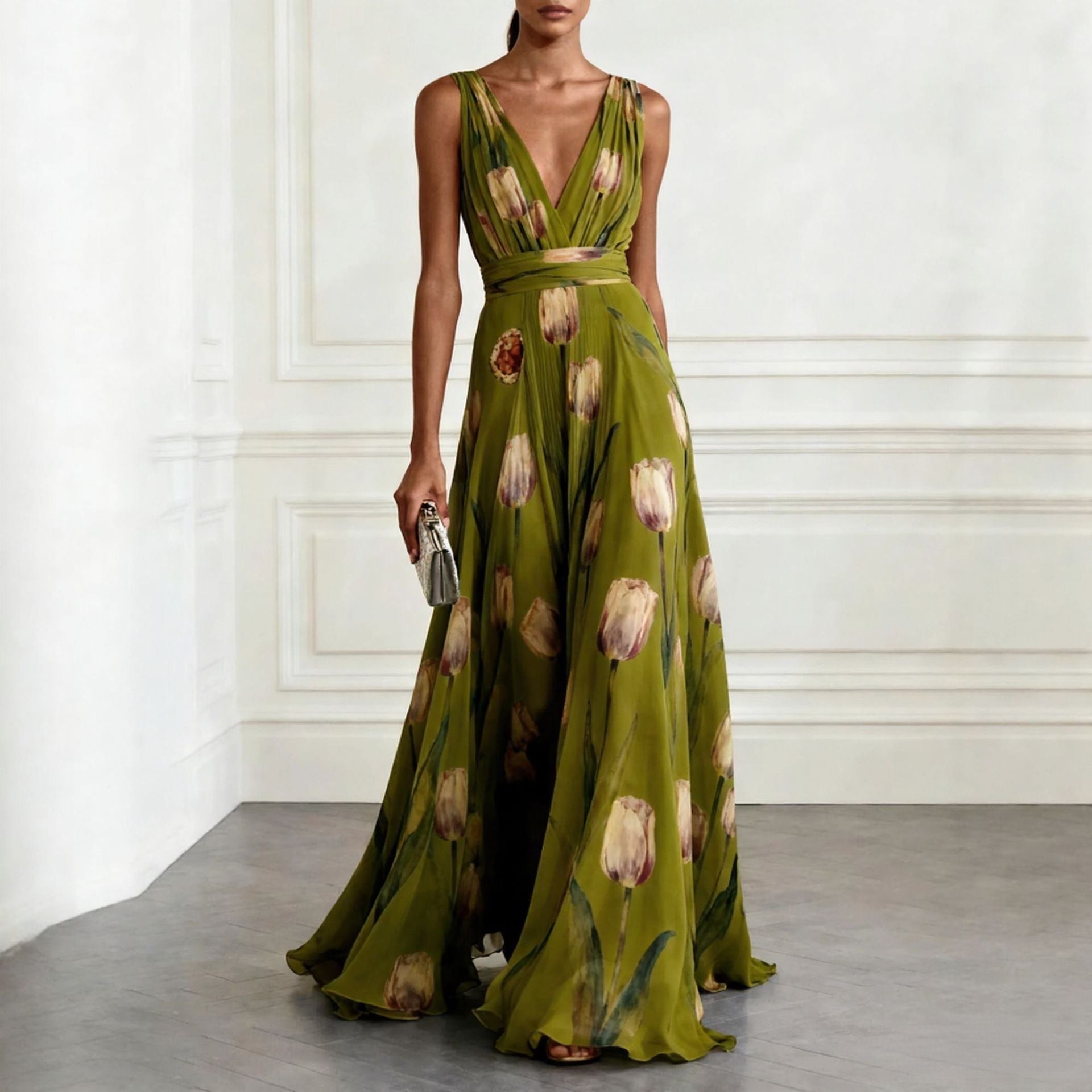 Women's tulip print sleeveless V-neck A-line maxi dress by FitiqueFit, shown in a vibrant floral pattern.