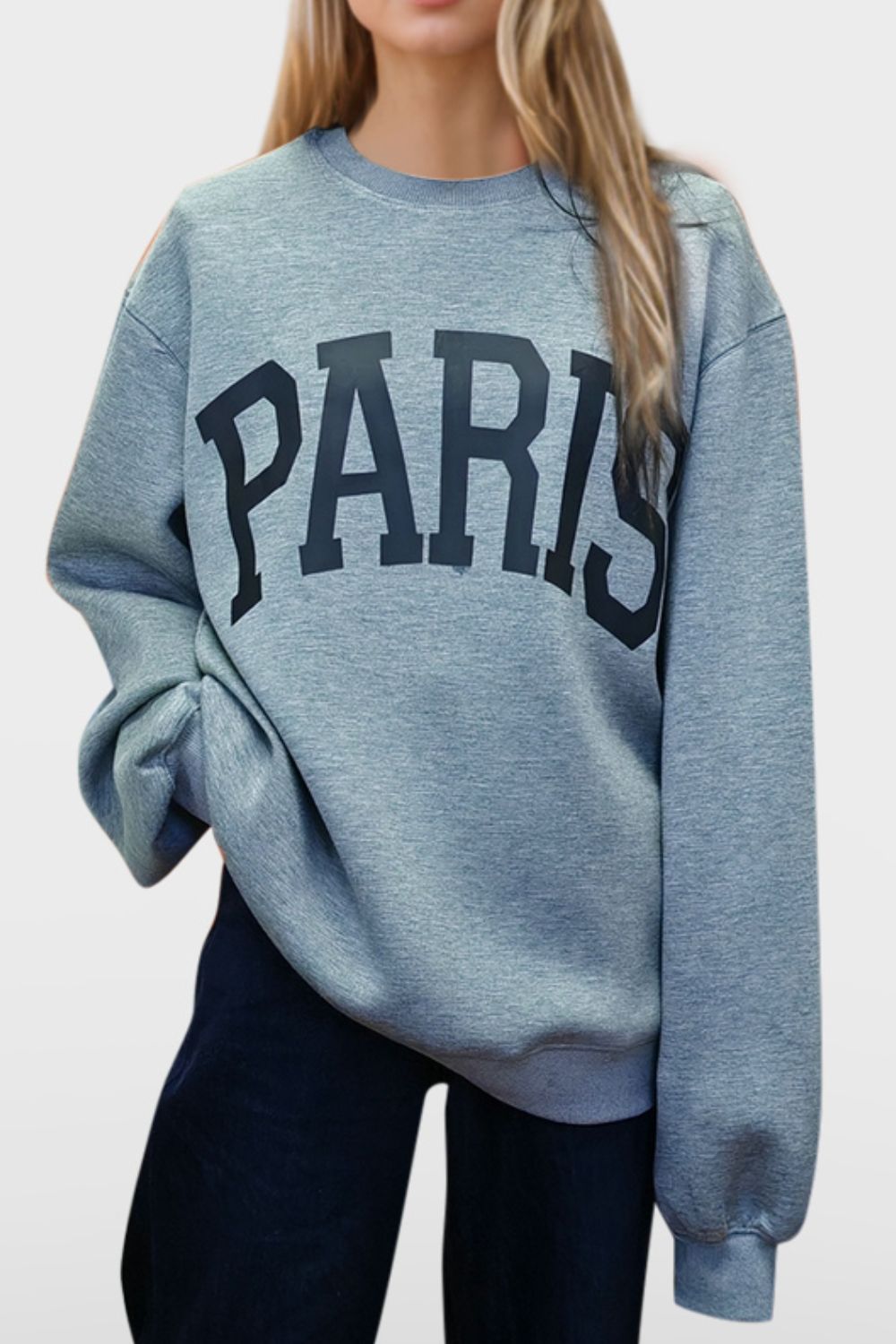 ShopBasicbae Basic Bae PARIS round neck long sleeve air scuba sweatshirt, light gray top with a relaxed fit and soft fabric.