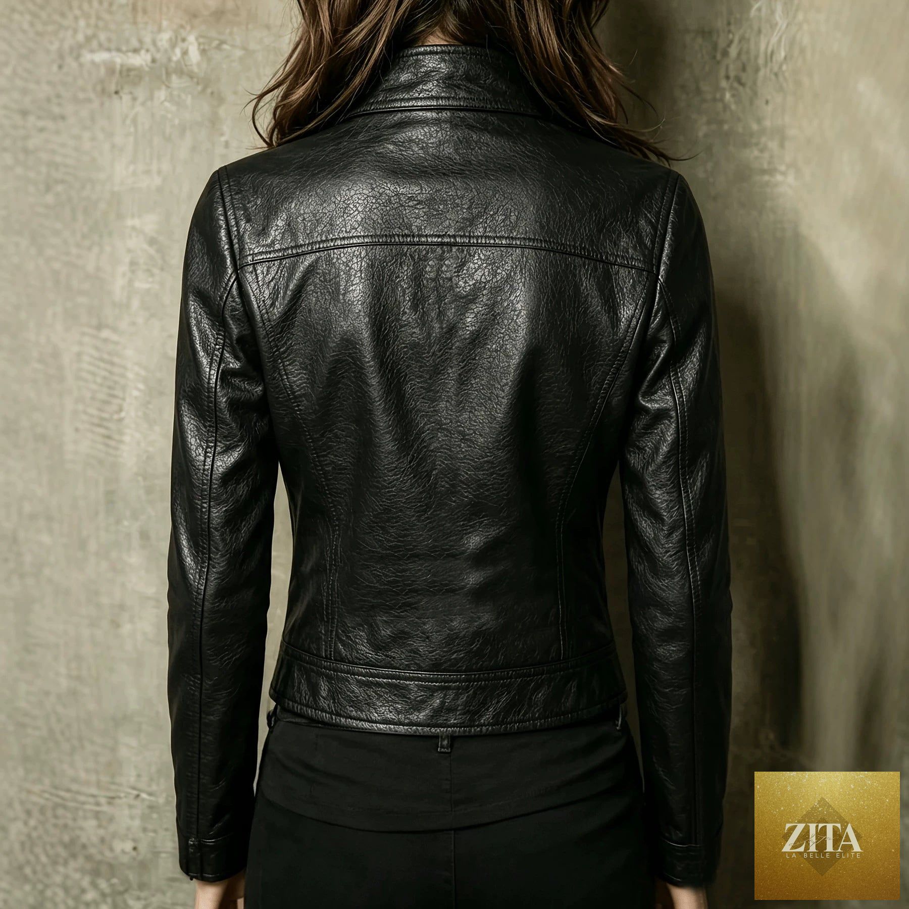 Black vintage washed PU leather biker jacket by FitiqueFit with slim fit design and front zip closure.