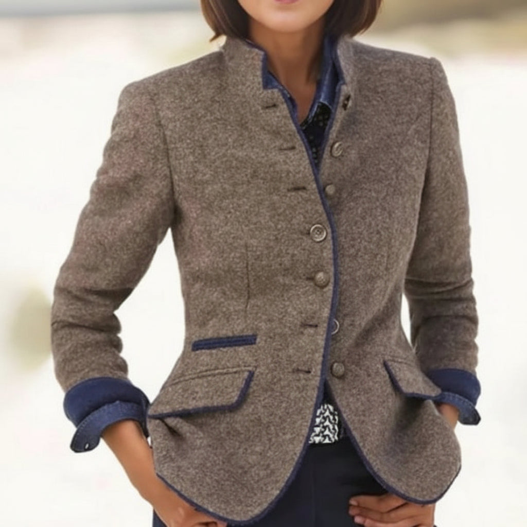 Women’s color-block woolen jacket by FitiqueFit featuring multi-button closure and a casual yet elegant coat style.