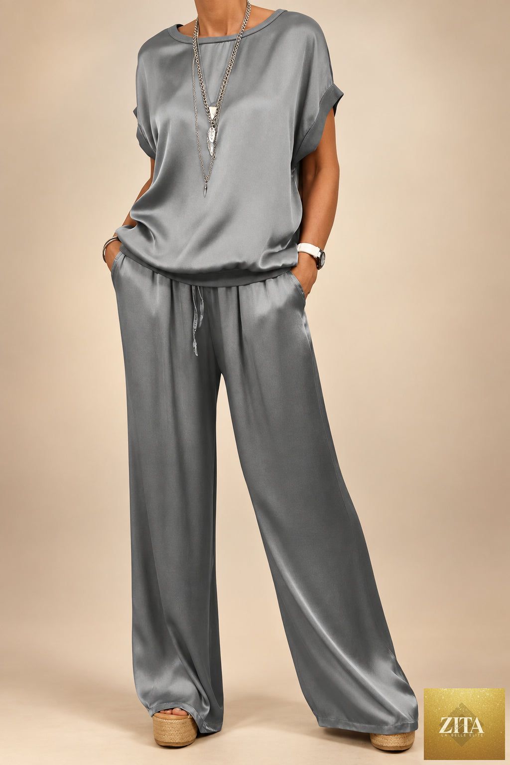 Women's 2-Piece Satin Set – Batwing-Sleeve Round-Neck Top & Wide-Leg Drawstring Trouser