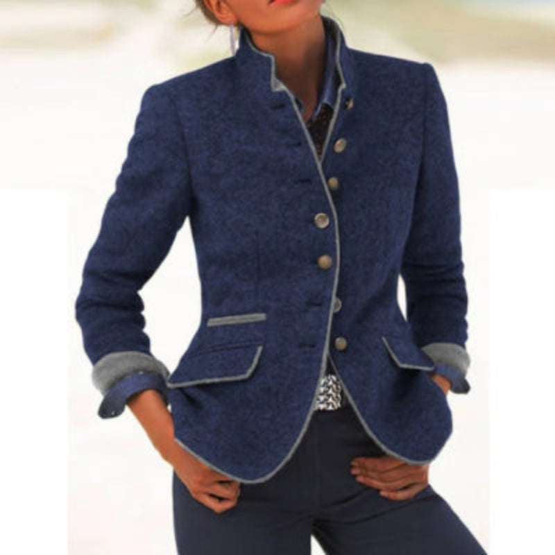 Women's color-block woolen coat with multiple buttons, casual and elegant fitiqueFit jacket, stylish winter outerwear.