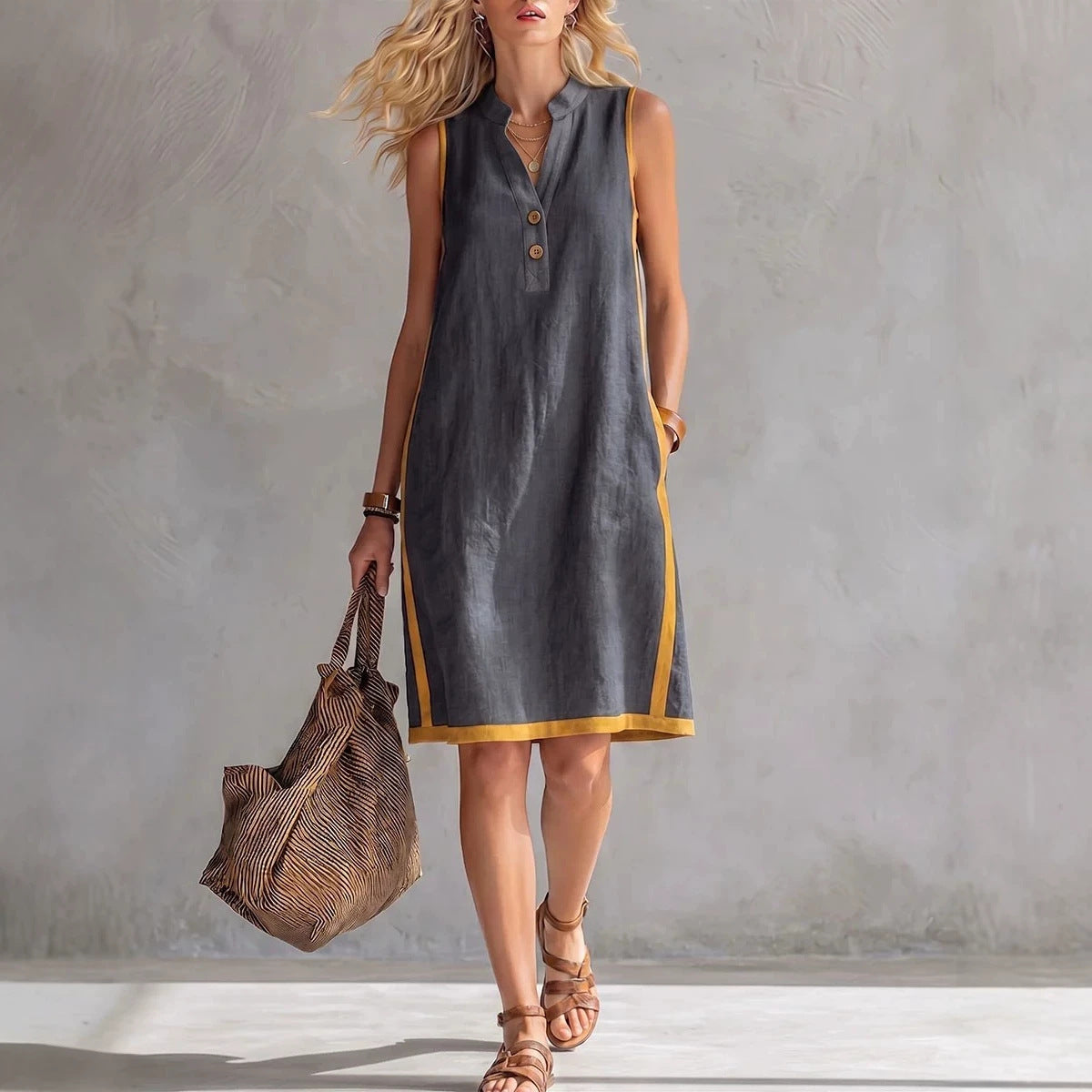 Women's sleeveless V-neck button-front pocketed A-line midi dress by FitiqueFit, casualwear, with a relaxed fit and stylish design.