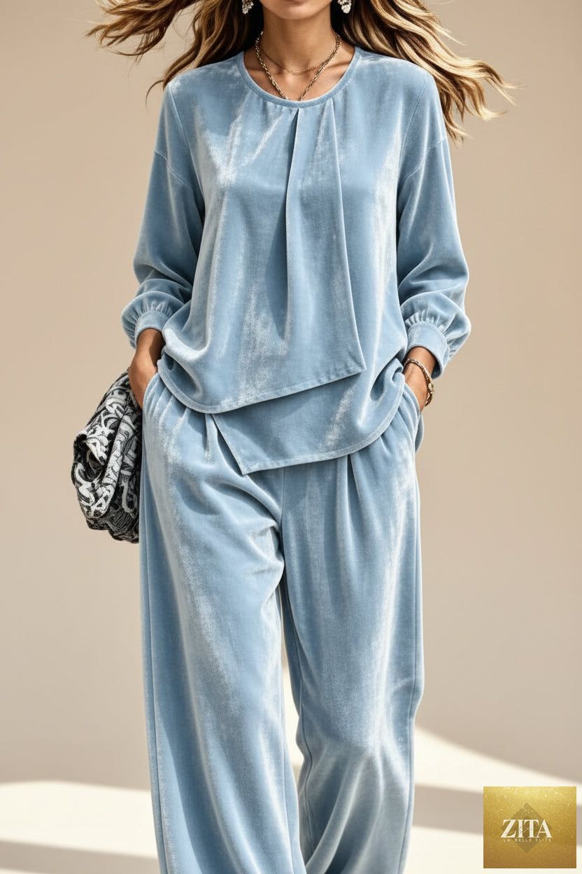 Women's Velvet Center-Pleat Relaxed Top & Wide-Leg Pants Set