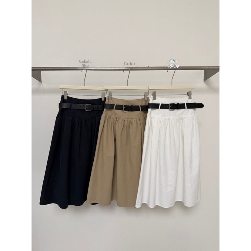 Relaxed FitiqueFit cotton midi skirt with crushed pleats, A-line shape, and belt, perfect for casualwear.