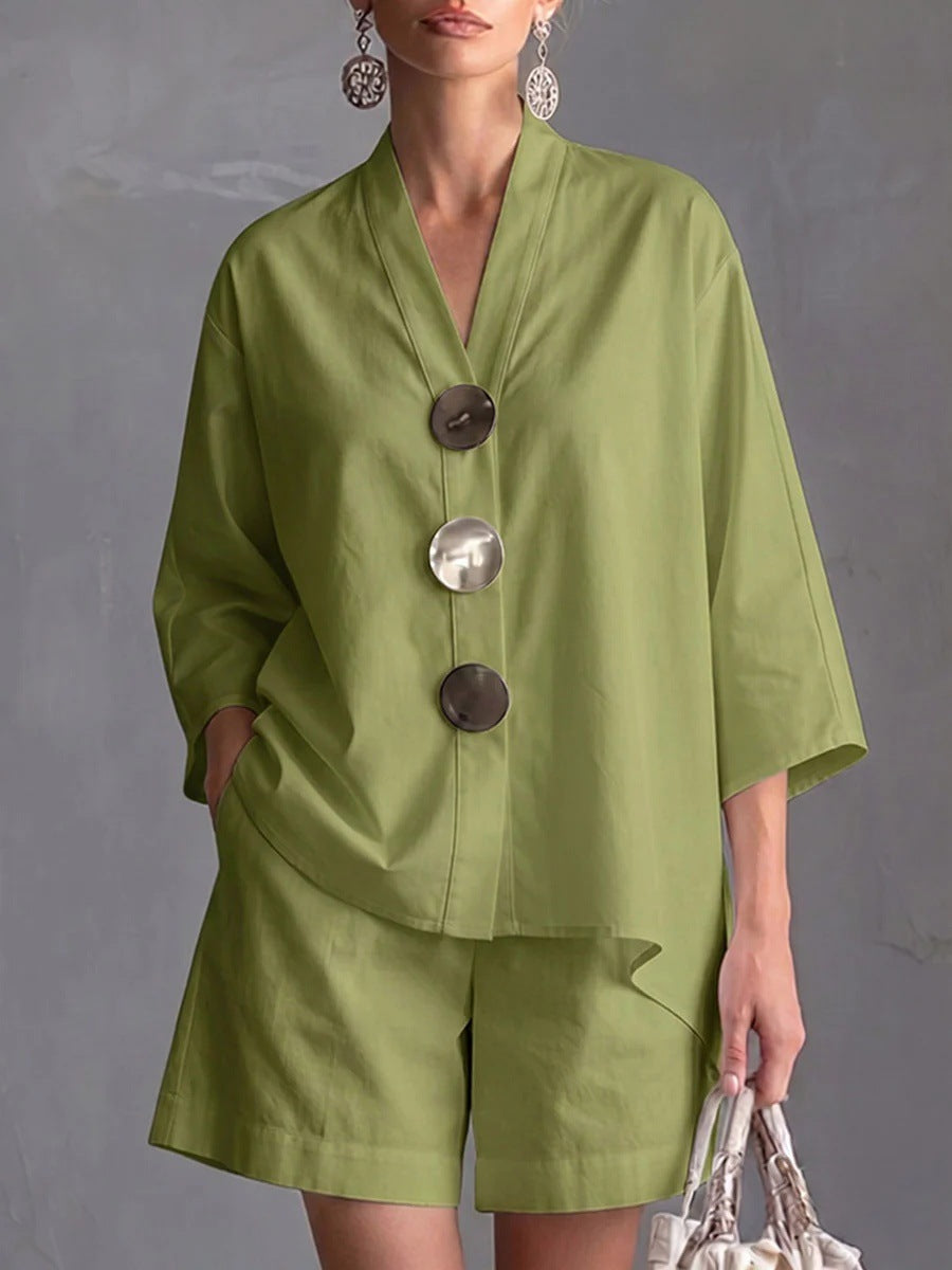 Women's Solid Color 3/4 Sleeve Top & Shorts Two-Piece Set