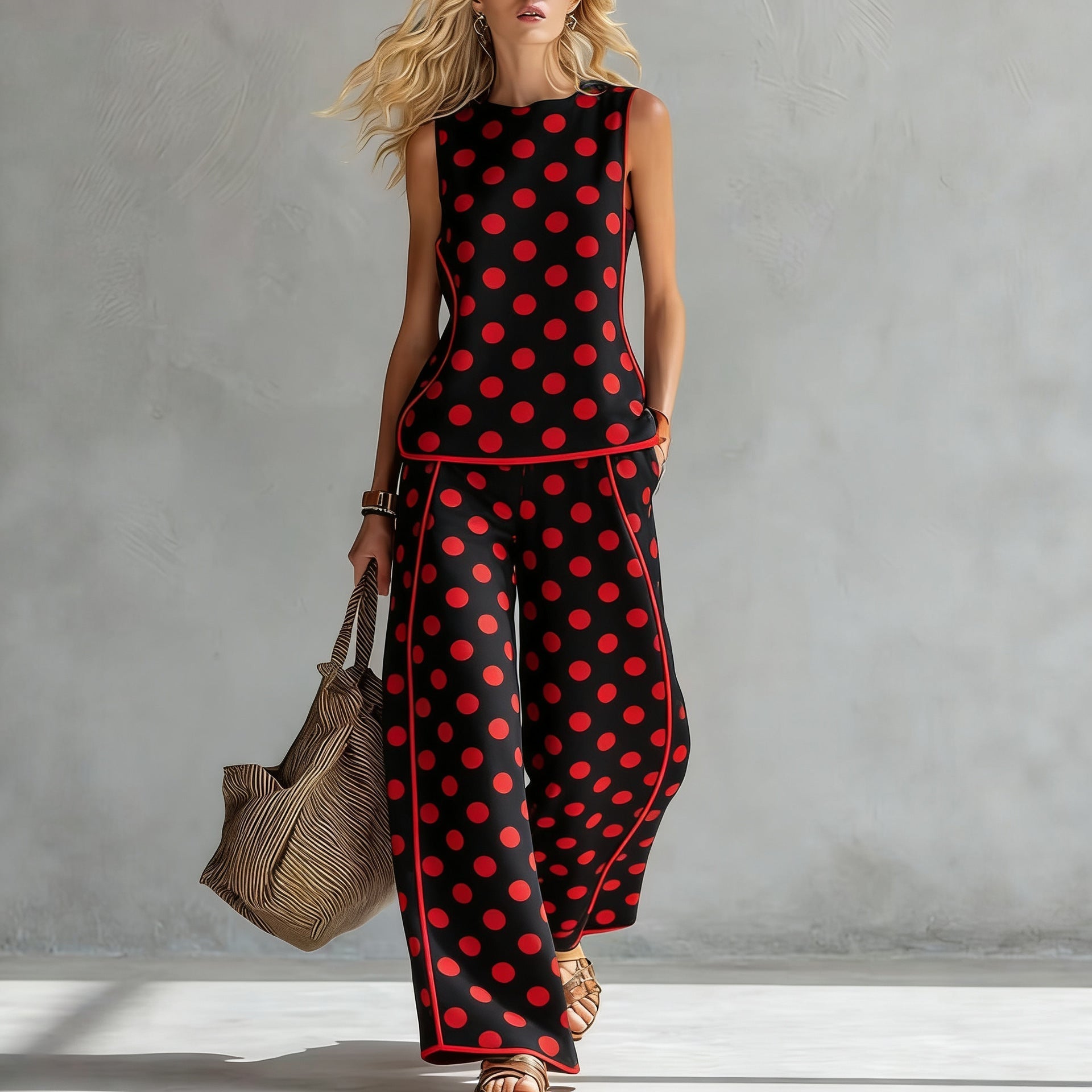 Women’s sleeveless printed tank top and wide-leg pants casualwear set by FitiqueFit, featuring a stylish two-piece design.