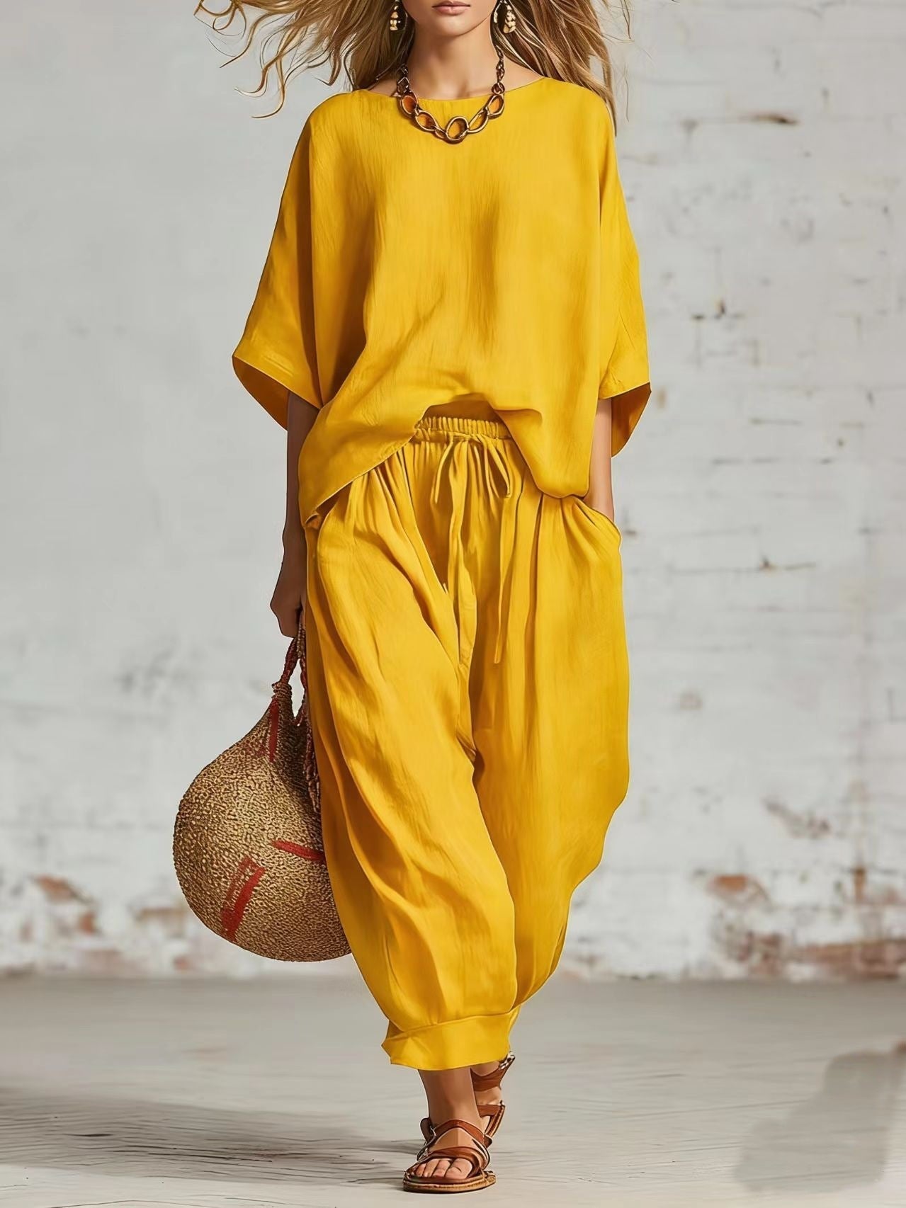 Women's solid color casual set with T-shirt and ankle pants from FitiqueFit, featuring a relaxed, comfortable fit.