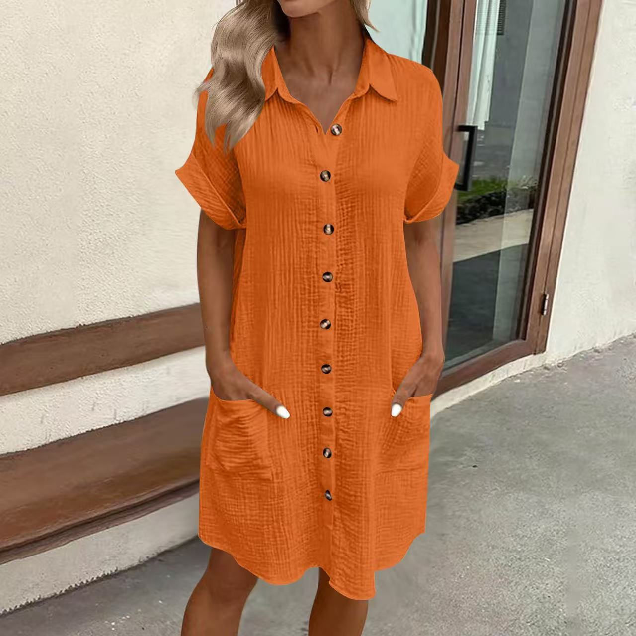 Women's casual loose short-sleeve midi shirt dress by FitiqueFit, featuring a button-down front and relaxed fit.