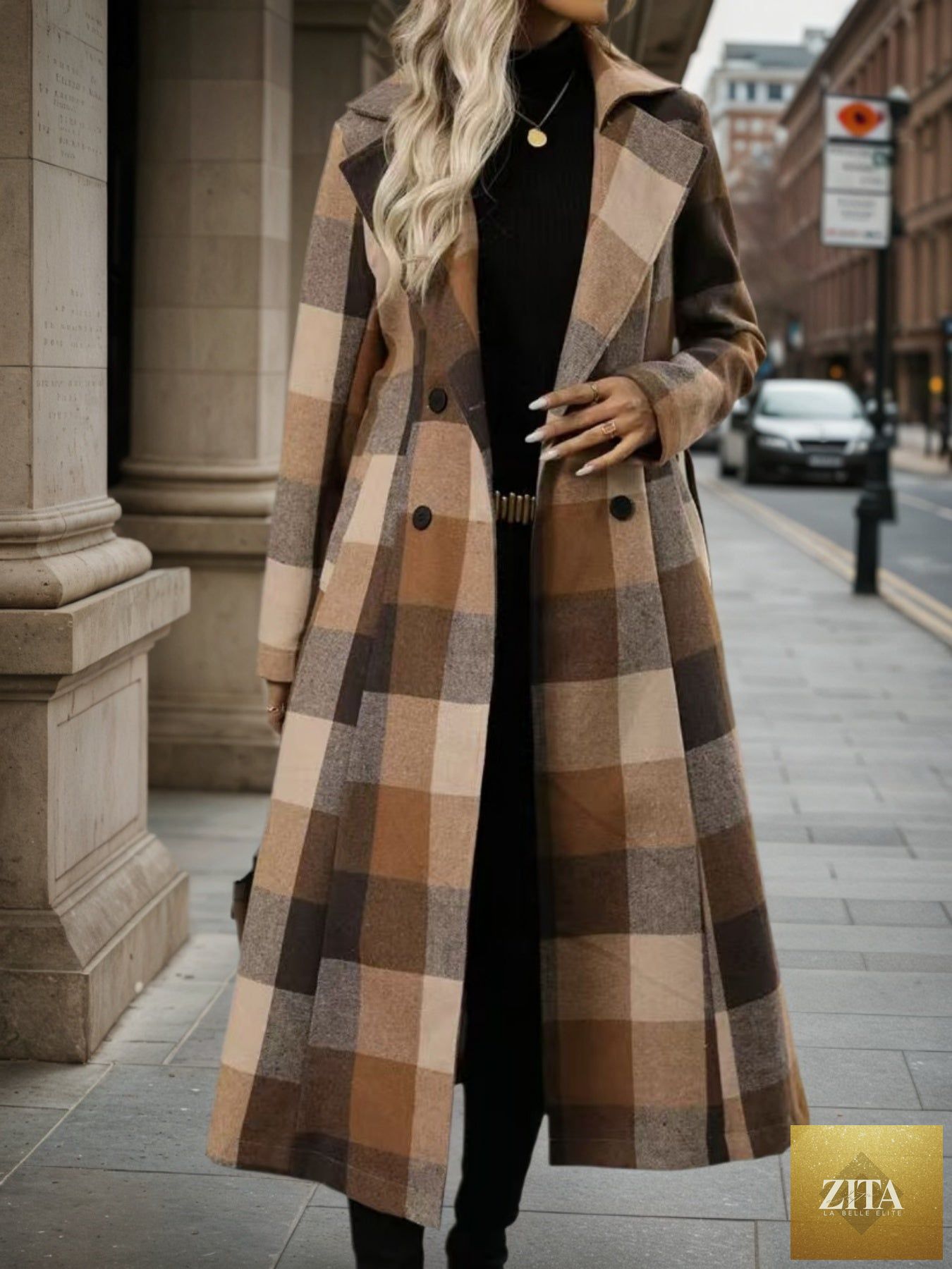 Women's woolen double-breasted lapel coat by FitiqueFit, lace-up long windbreaker with stylish design and warm fabric.