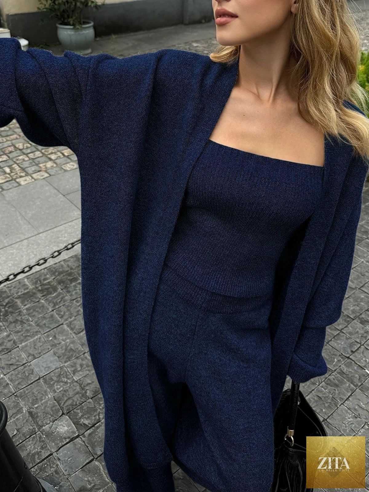 Women's 3-Piece Knit Set – Longline Cardigan, Square-Neck Ribbed Tube Top & Wide-Leg Trouser – 4 Colors, S–2XL