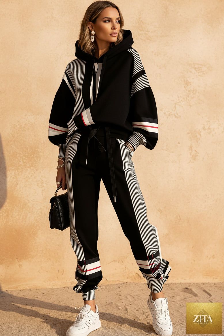 Women's Oversized Color-Block Stripe-Panel Hoodie & Jogger Pants Tracksuit Set