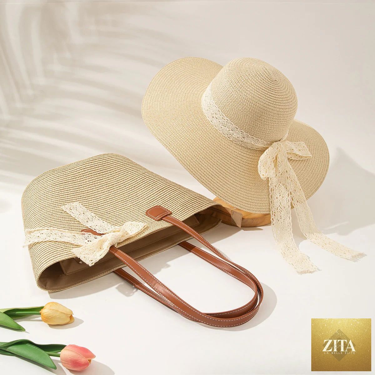 Straw Hat & Tote Set – Beach Vacation Sun Protection Duo, Large Capacity Travel Tote
