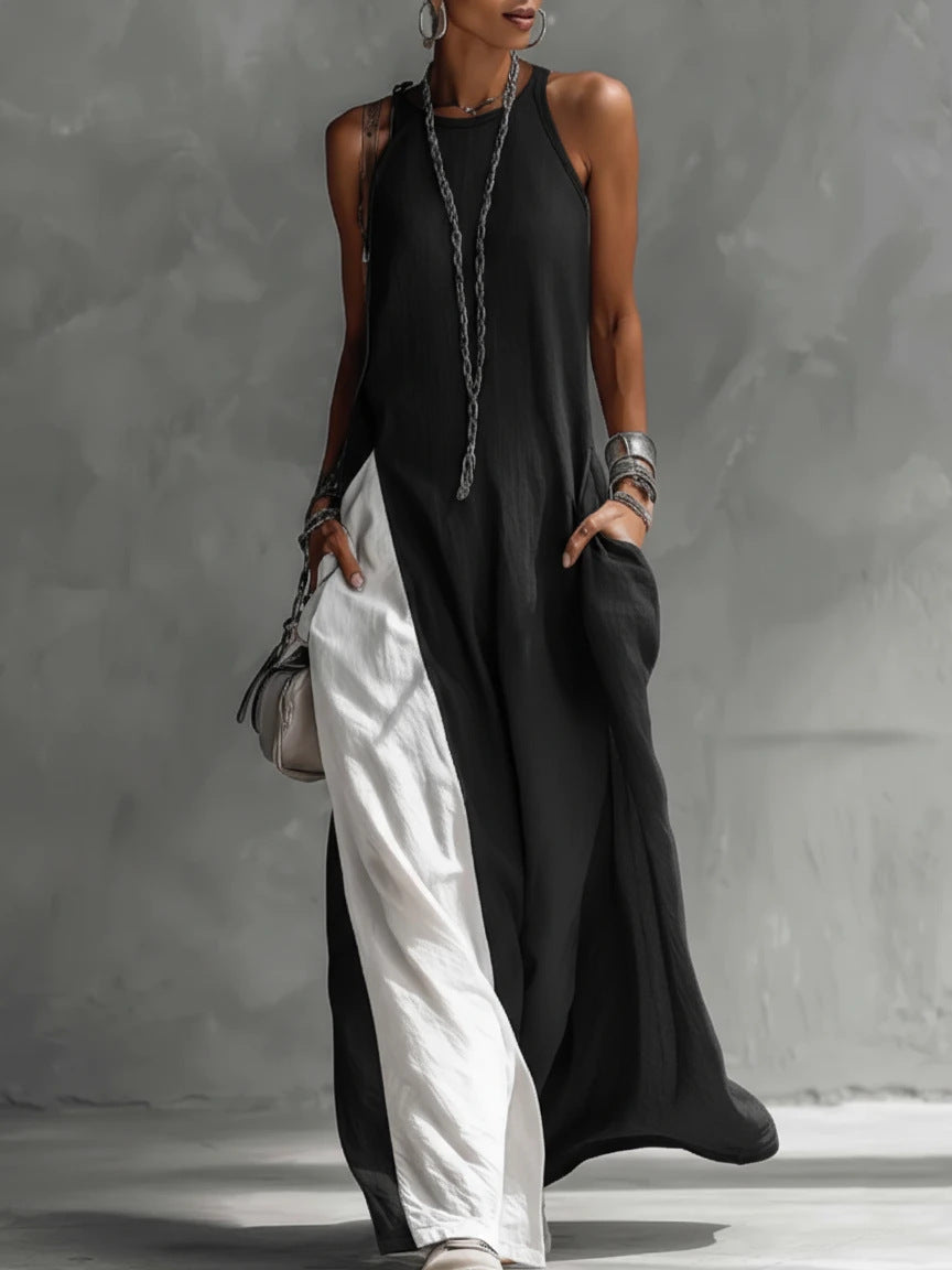 Women’s sleeveless off-shoulder loose maxi dress with pockets, casualwear by FitiqueFit, displayed on a model outdoors.