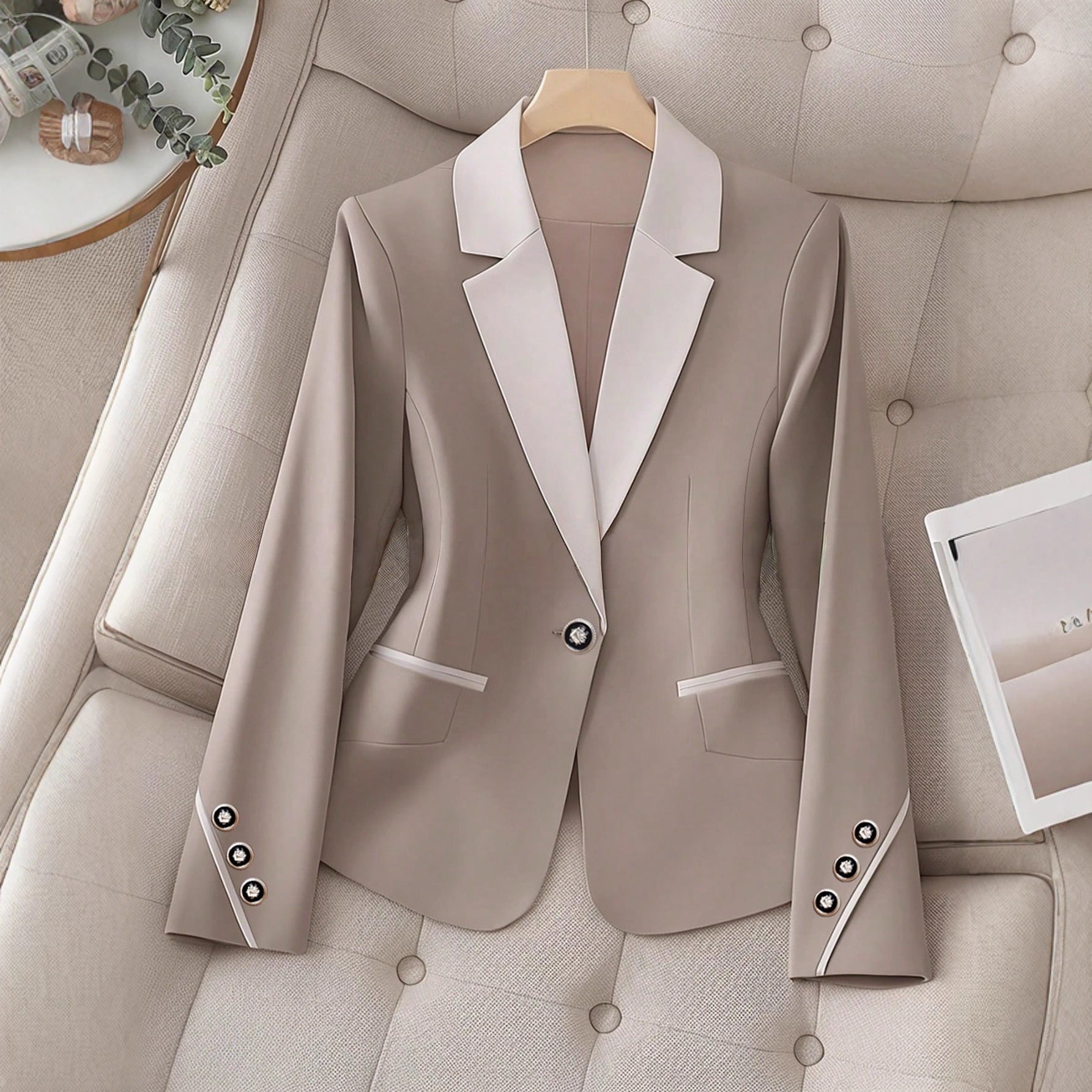 Women’s contrasting color blazer by FitiqueFit, elegant button-front formal jacket with tailored fit and stylish design.
