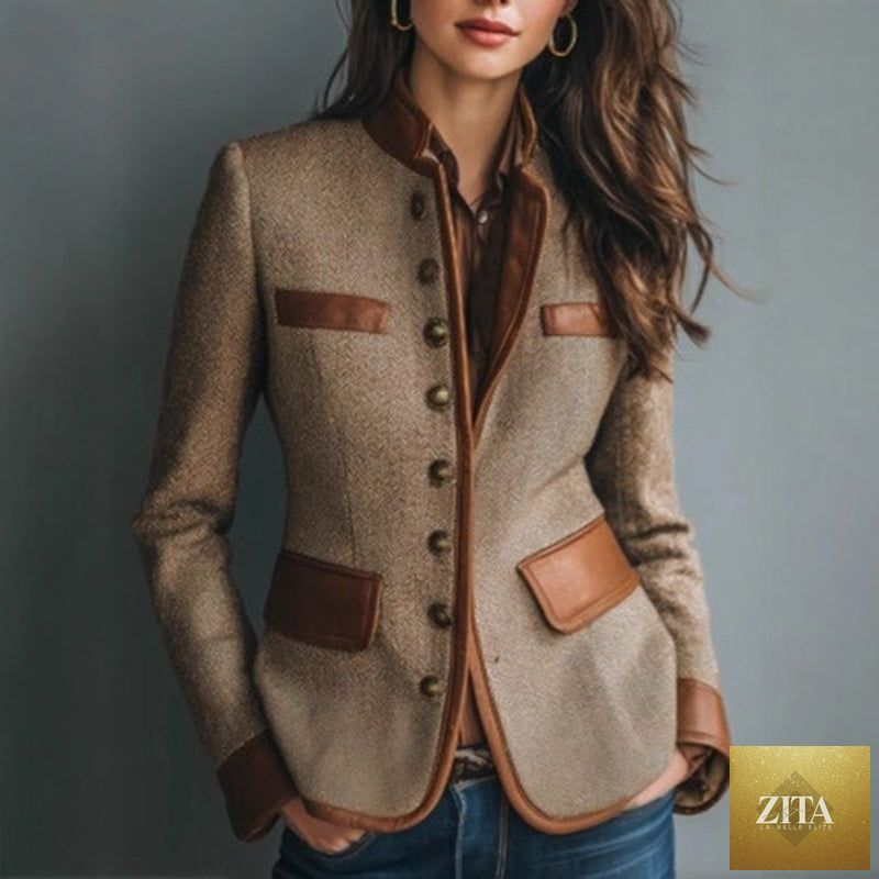 Women's retro elegant jacket by FitiqueFit, featuring classic design, tailored fit, and stylish details, shown on a model.