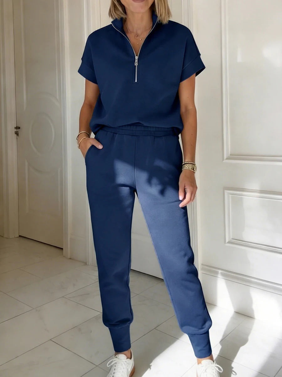 FitiqueFit athleisure knit 3/4 sleeve t-shirt and pants set in three colors, casualwear for sizes S to 3XL.