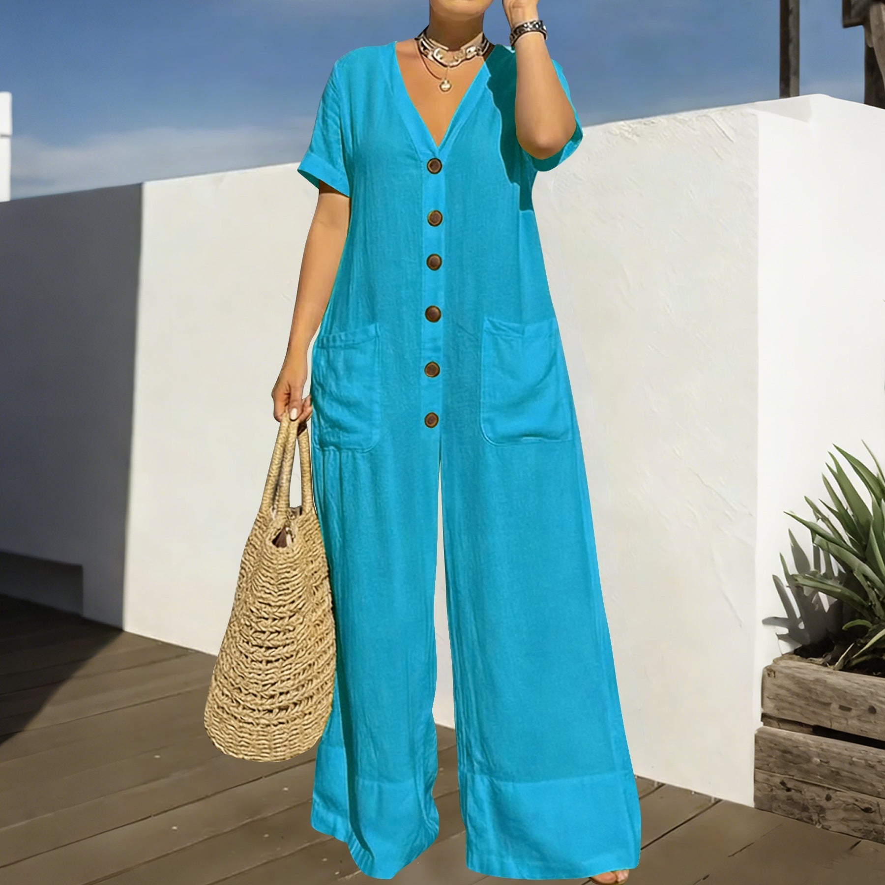 Women's Loose V-Neck Button Jumpsuit – Wide Leg Plus Size