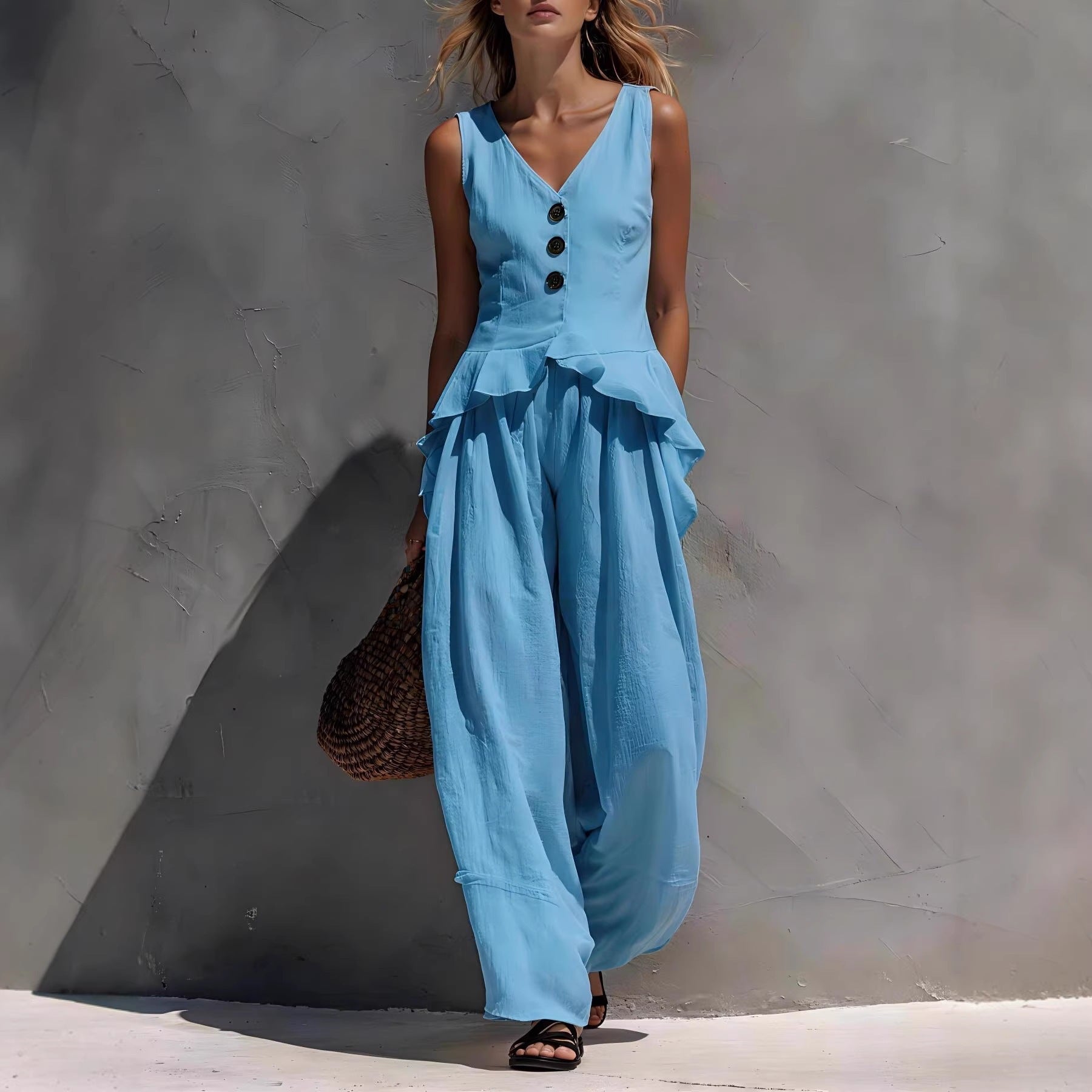 FitiqueFit ruffled tank top and draping wide-leg pants casualwear set in multiple colors, displayed flat on a neutral background.